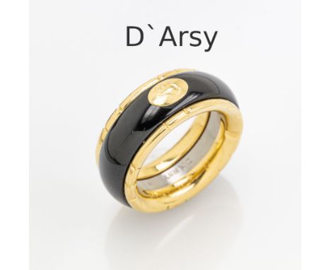 18 kt Gold D'Arsy Sternzeichenring mit Onyx,   GG 750/000, Innenschiene Edelstahl, grav. Sternzeichen Löwe, sign., RW 5418 kt