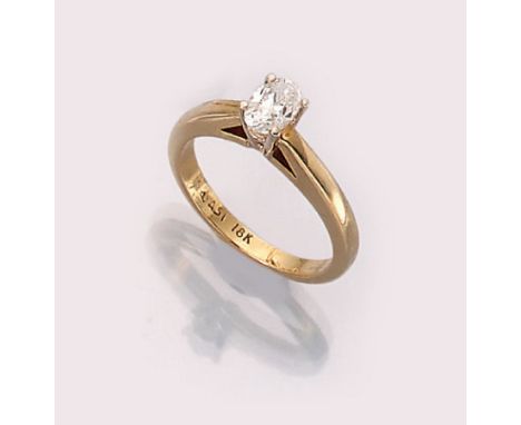 18 kt Gold Ring mit Diamant,   GG 750/000, ovaler Diamant ca. 0.51 ct Weiß/vs, RW 50, ca.3.7 g18 kt gold ring with diamond  ,