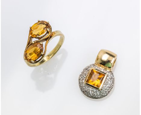 14 kt Gold Konvolut mit Citrinen und Diamanten,   GG/WG 585/000, best. aus: Anhänger; Citrin im Buff-Top Schliff ca. 1.50 ct,