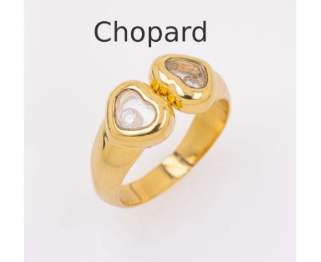 18 kt Gold CHOPARD Ring mit Brillanten,   GG 750/000, Modell Happy Diamond, sign. und num., 2 Herze, 2 Diamanten bewegl. unte