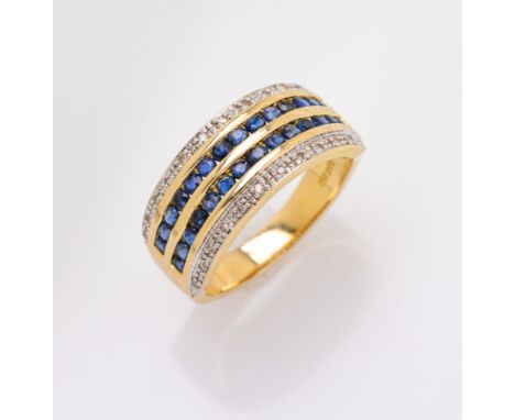 14 kt Gold Ring mit Saphiren und Diamanten,  GG/WG 585/000, 2-reihig bes. mit 28 rundfacett. Saphiren zus. ca. 0.28 ct, 24 in