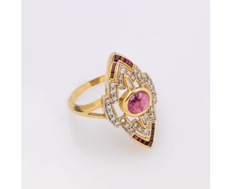 18 kt Gold Ring mit Rubinen und Diamanten,   GG 750/000, 1 Rubin-Cabochon und 14 eingeschliffene Rubine zus. ca. 1.20 ct, 31 