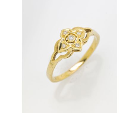 14 kt Gold Ring mit Diamanten,   GG 585/000, blütenförmiger Ringkopf mit 5 8/8-Diamanten zus. ca. 0.07 ct (grav.) Weiß/p, RW 