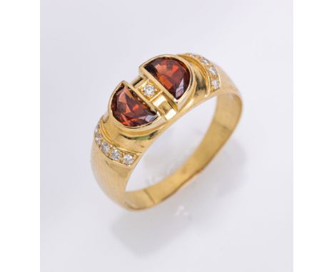 18 kt Gold Ring mit Rhodolith und Diamanten,   GG 750/000, 2 facett. Rhodolith Halbkreise ca. 1.00 ct, 11 Brillanten zus. ca.