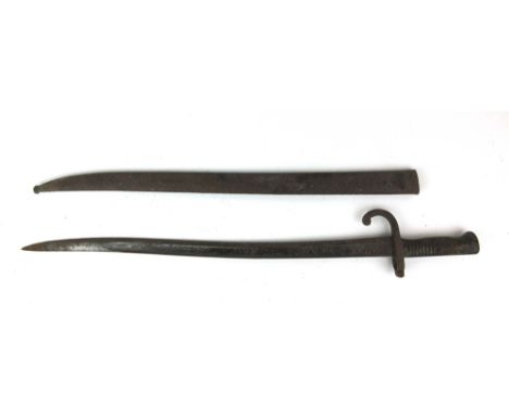 A 18th/19th century Chassepot sword bayonet in a distressed state with scabbard, blade length 57.5cm