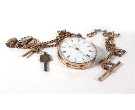 A 9ct yellow gold cased open face pocket watch by John Russell, the white enamel dial with black Roman numerals within a plai