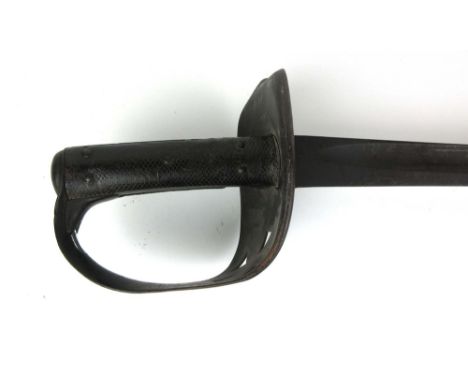 A 1882 pattern Boar/WWI Cavalry Troopers sword with a slightly curved blade bearing military ordnance and proof marks, a iron