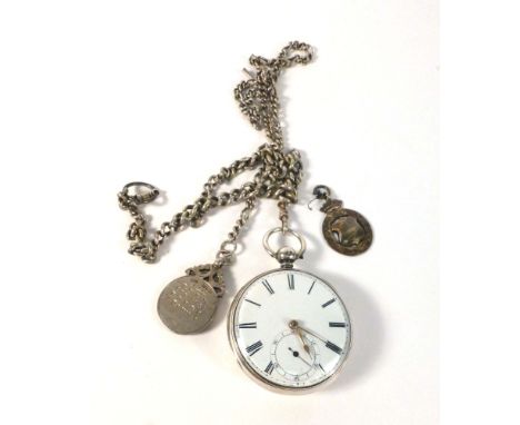 A Victorian silver cased open face pocket watch, the white enamel dial with black Roman numerals and second hand section with