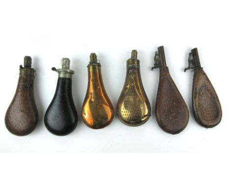 Six various powder flasks, two being embossed leather with hunting scenes, two hard leather covers, and two copper (6)