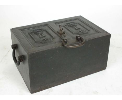 An 18th century iron military lock box safe, having crown above R above ordnance arrow to double panel door with double hinge