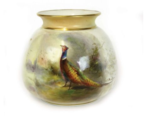 James Stinton for Royal Worcester, a 1909 pot decorated with a pheasant, h. 9 cm CONDITION REPORT: Crack and repair