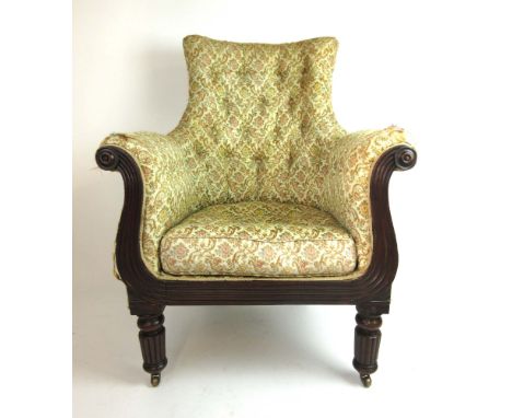 A Regency mahogany arm chair with button back upholstery on turned and reeded legs, h. 102 cm, w. 77 cm, d. 71 cm CONDITION R