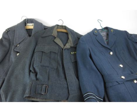 A collection of WWII clothing to include a Royal Air Force long coat, dress uniform, a RAF dress blouse, a green 1940 pattern