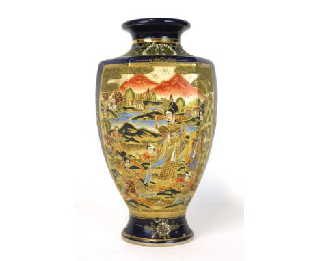 A Japanese Satsuma vase of hexagonal form decorated with rural scenes, h. 31 cm CONDITION REPORT: Drilled to make a lamp