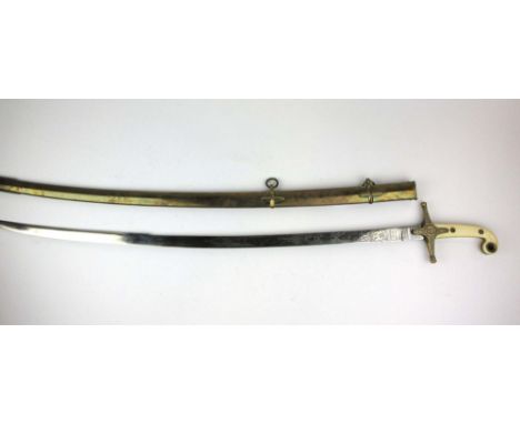 A 19th century Manton & Co naval mameluke/scimitar sword, having brass guard with crossed sword and telescope design and slig