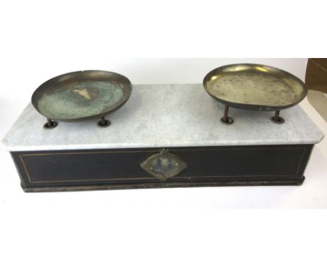 A set of 19th century Napoleonic bakers scales, with marble top and two brass bowls marked to top Breveté Lyon, with a white 