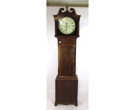 A 19th century mahogany longcase clock, the swan neck pediment over circular enameled face with Roman numerals, second dial a