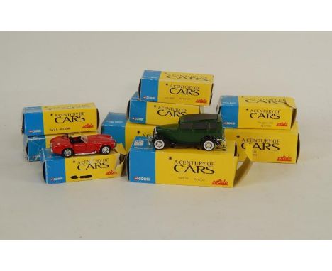 Corgi Solido die cast vehicles, A Century of Cars, comprising Ford V8, Austin Healey, Ford A, Delahaye 135, Morris Traveller,