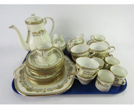 An Aynsley porcelain part tea and coffee service decorated in the Henley pattern, comprising coffee pot, saucers and plates, 
