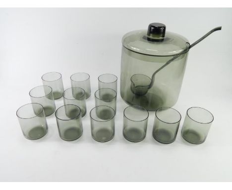 A Scandinavian 1960's grey glass punch set, comprising barrel lid and ladle, and twelve glasses.