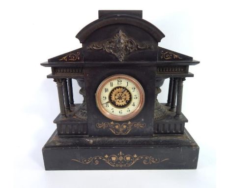 A 19thC slate mantel clock of architectural form, with gilt and enamel dial, 44cm high.