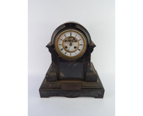 A late Victorian eight day mantel clock, in architectural slate case with presentation plaque relating to Horsforth Gas Compa