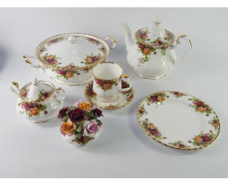 A Royal Albert porcelain part dinner and tea service, decorated in the Old Country Roses pattern, comprising oval meat platte