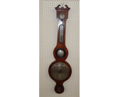A Georgian mahogany cased wheel barometer by Tolliffe of Northampton, with inlaid figured case, hydrometer, thermometer, mirr