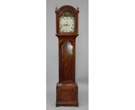 A George III longcase clock by J Alling of Dunmow, with eight day movement striking on a bell, the painted arched dial with s