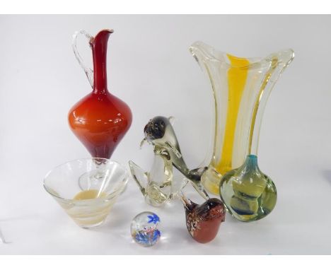 Contemporary glassware, including a Caithness glass bowl, Murano glass dolphin, twin handled vase and a ewer, (7).