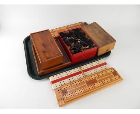 A Staunton type wooden chess set, further turned wooden chess set, yew wood box containing dominoes, Unicorn travelling chess