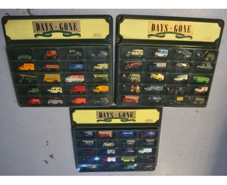 Three "Days Gone" vintage model display cases from Lledo containing twenty diecast vehicles each, to include "Rowntrees Paste