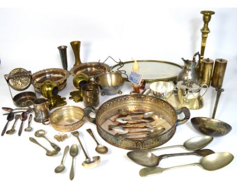 A quantity of silver plated items and brass ware to include bottle coasters, a twin handled tray, flatware, candlesticks and 