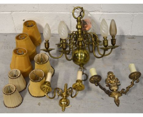 A six branch brass ceiling pendant, height approx 50cm and two gilt metal wall light fittings (3).