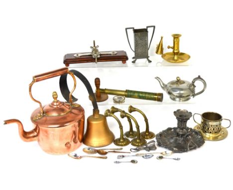 A small quantity of metalware to include a copper kettle, a brass servants bell, pewter candlestick, brass candlestick, tie p