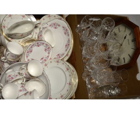 A box of crystal and cut glass wine glasses and decanter and a quantity of Duchess "Rose" pattern tea and dinnerware (2).