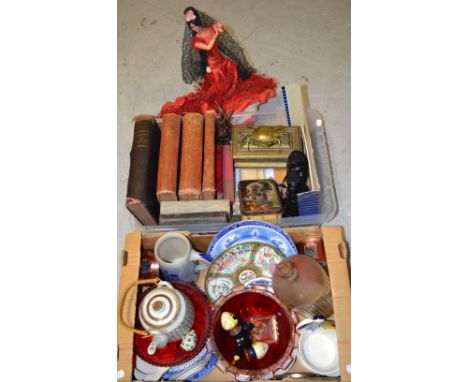 A quantity of ceramics, glass and collectables to include decorative plates, a red glass cake stand, a brass crab, a pair of 