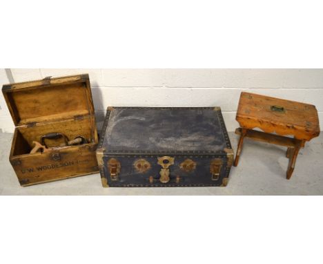 A 20th century blue travel trunk, a wooden box of tools inscribed to the front "D.W.Woodson Powell" and a small stool with a 