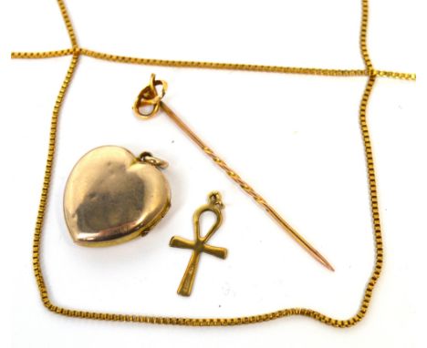 Two yellow metal box chains, a 9ct gold stick pin with knot decoration, a 9ct gold cross and a yellow metal heart pendant, ap