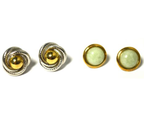 A pair of 9ct white and yellow gold knot earrings and a pair of 9ct gold earrings with jade centres (2).