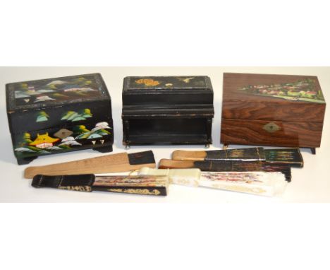 Three mid 20th century musical jewellery boxes and five vintage fans (8).