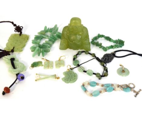 A small quantity of jade and jadeite jewellery to include a dragon necklace with 9ct gold mounts, a jade pearl and 9ct gold p