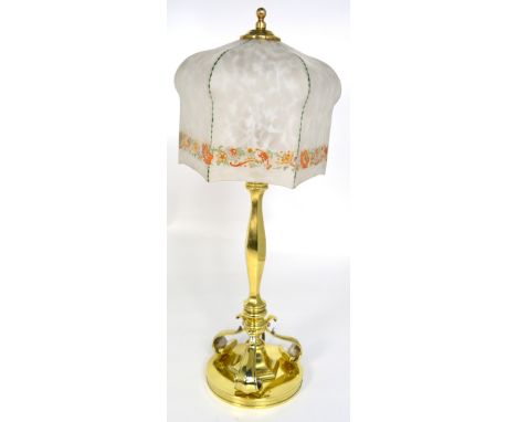 An Edwardian Art Nouveau brass table lamp with floral printed shaped glass shade, height 50cm.