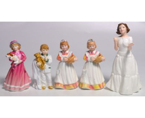 Five Royal Doulton figurines; HN3761 "Sleepyhead", HN3424 "My First Figurine", HN3764 "Welcome" and two HN3650 "Mothers Helpe