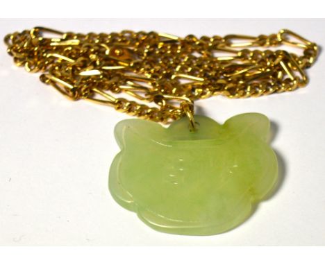 A jade pendant decorated with Chinese script on a yellow metal link chain, approx 8.4g.