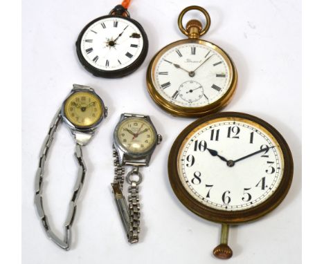 PRESCOT; a yellow metal open face pocket watch, an oversized pocket watch with Arabic numerals, a white metal fob watch (af) 