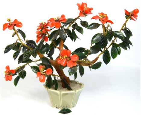 A large Oriental gem tree with orange flowers and jadeite leaves in ceramic pot, Height approx 40cm.
