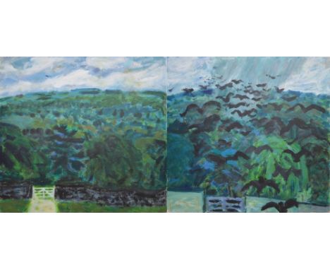 JACK SHORE (1922-2008); two acrylic on board abstract landscapes, 90 x 90cm, both signed verso (2).