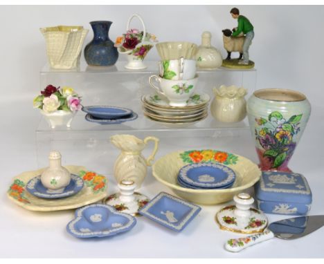A quantity of decorative ceramics to include Belleek, Wedgwood jasperware, a Royal Stafford tea service, Aynsley, also glassw