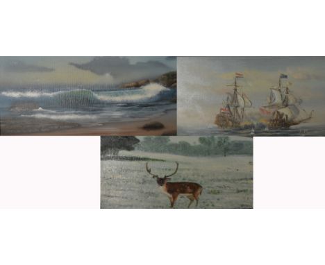 J. HARVEY; an oil on board depicting the battle of Trafalgar, signed lower right, 30 x 40cm, framed, DAN JHING; an oil on can